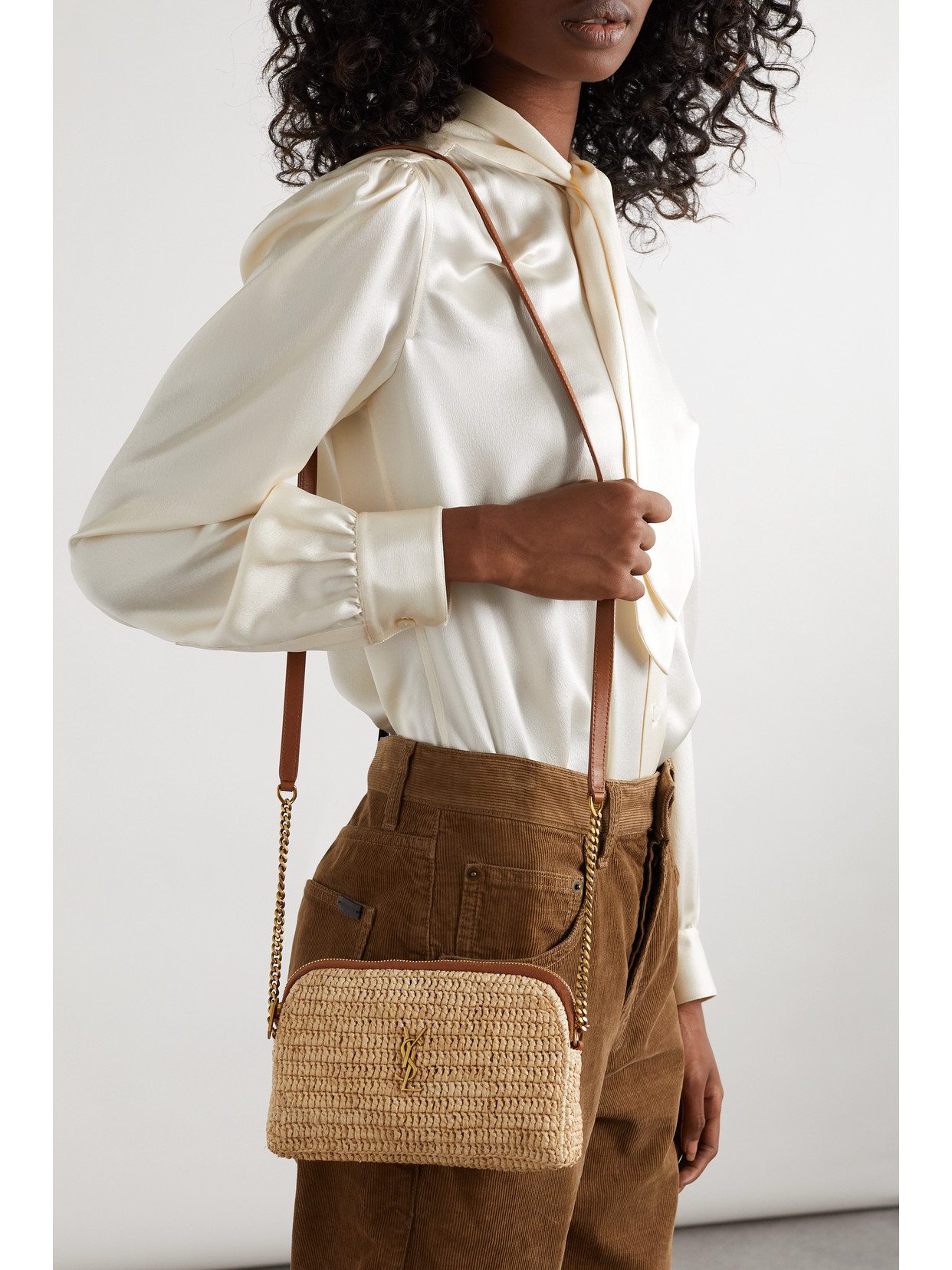 Shop Saint Laurent Leather-trimmed Raffia Shoulder Bag In Neutrals