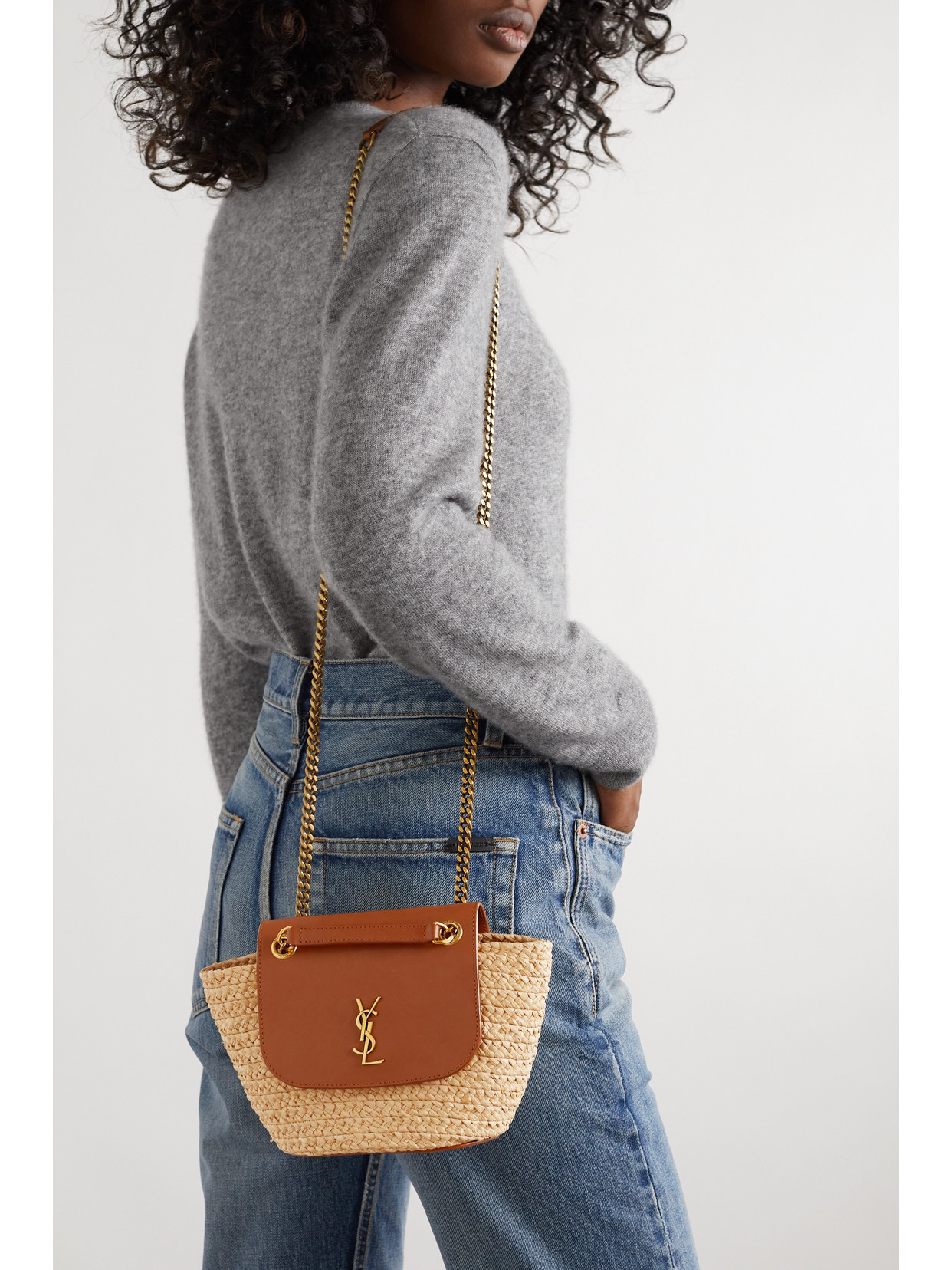 Saint Laurent Panier Mini Ysl Flap Crossbody Basket Bag In Raffia In Brown
