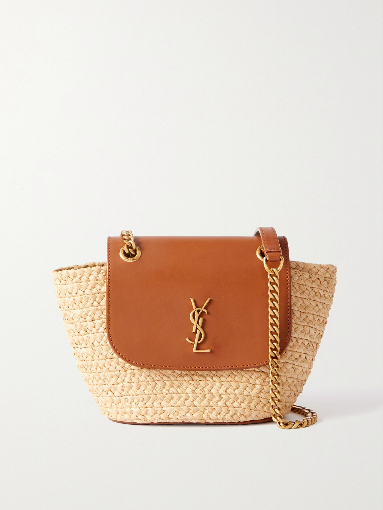 Shop Saint Laurent Panier Mini Leather-trimmed Raffia Shoulder Bag In Brown