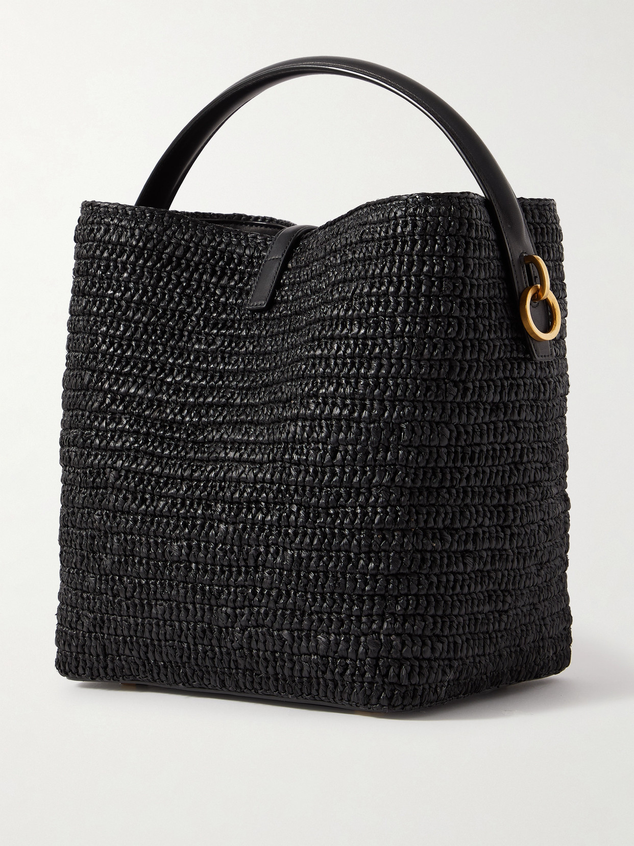 Shop Saint Laurent Le 37 Leather-trimmed Raffia Bucket Bag In Black