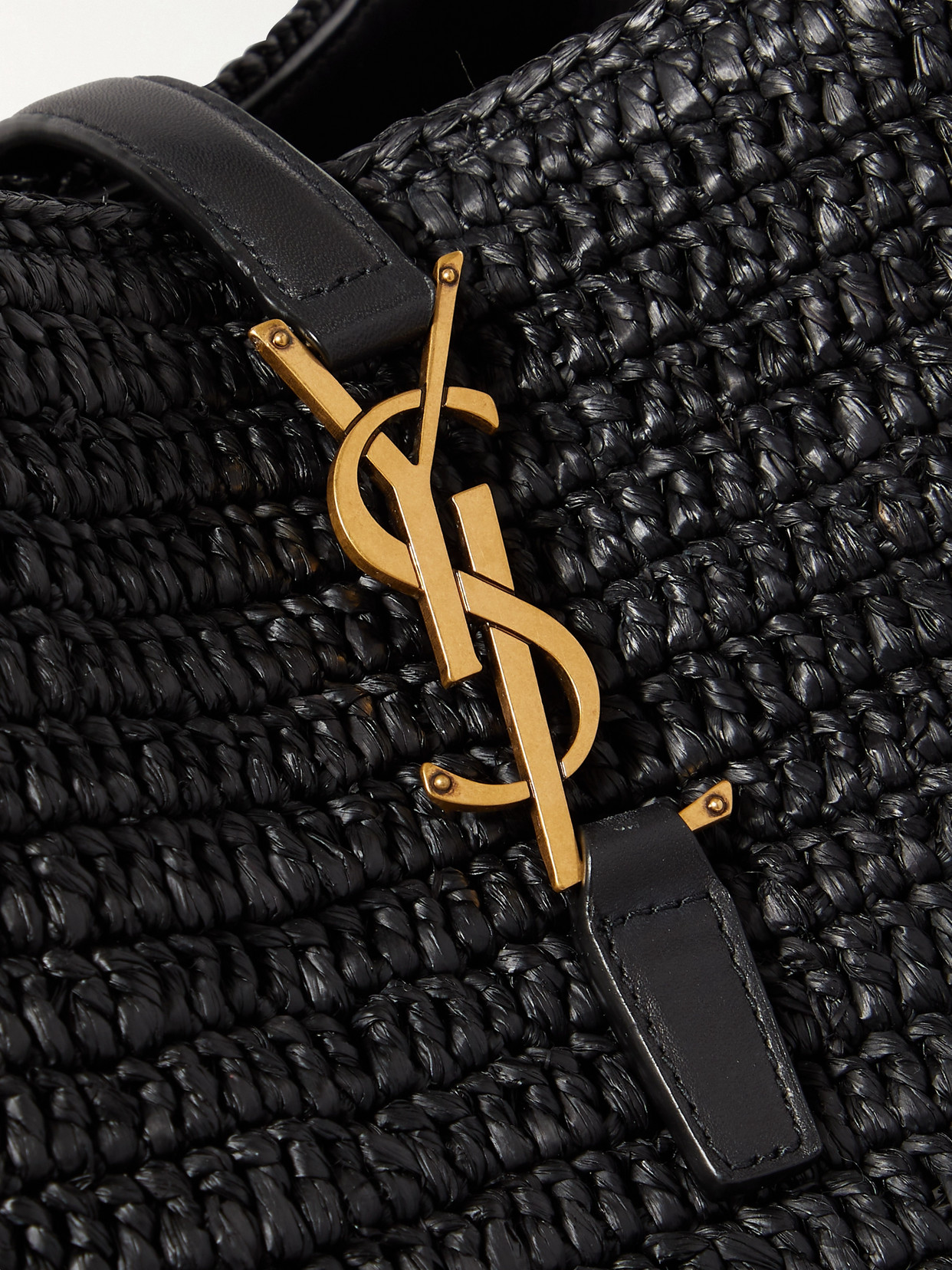 Shop Saint Laurent Le 37 Leather-trimmed Raffia Bucket Bag In Black