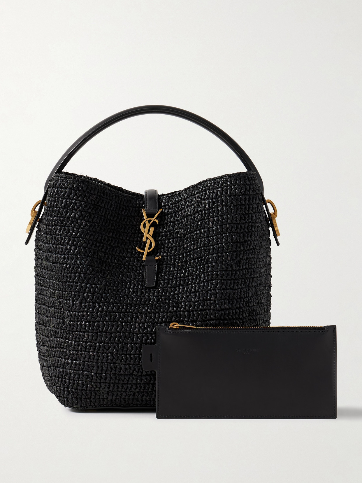 Shop Saint Laurent Le 37 Leather-trimmed Raffia Bucket Bag In Black