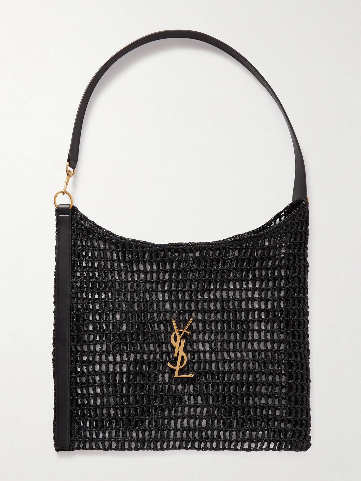 Saint Laurent Leather-trimmed Raffia Shoulder Bag In Black