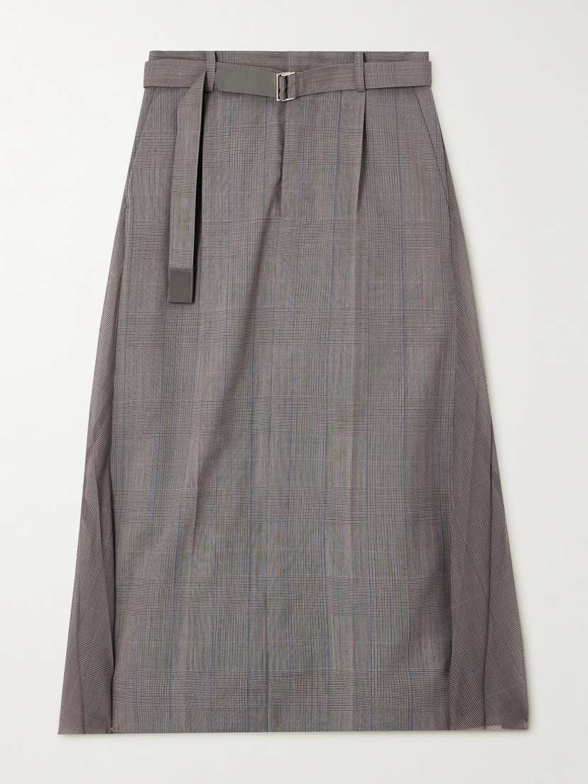 Sacai Belted Pleated Prince Of Wales Checked Woven Midi Skirt