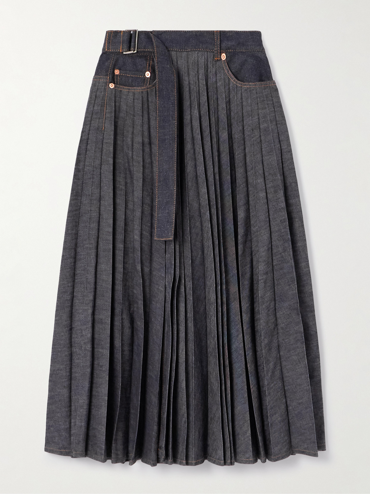 Sacai Belted Pleated Denim Wrap Midi Skirt In Blue