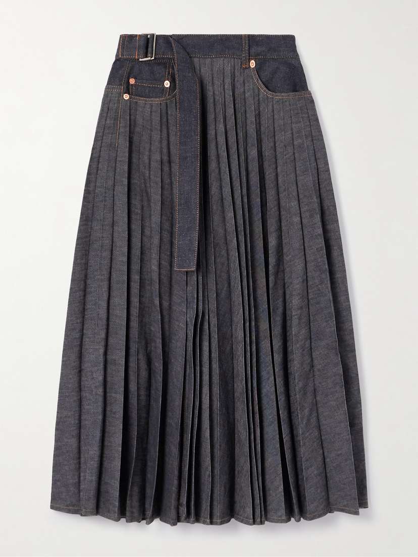 Sacai Belted Pleated Denim Wrap Midi Skirt