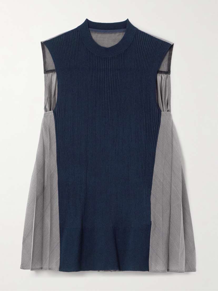 Sacai Paneled Ribbed Cotton-blend And Pleated Checked Voile Top