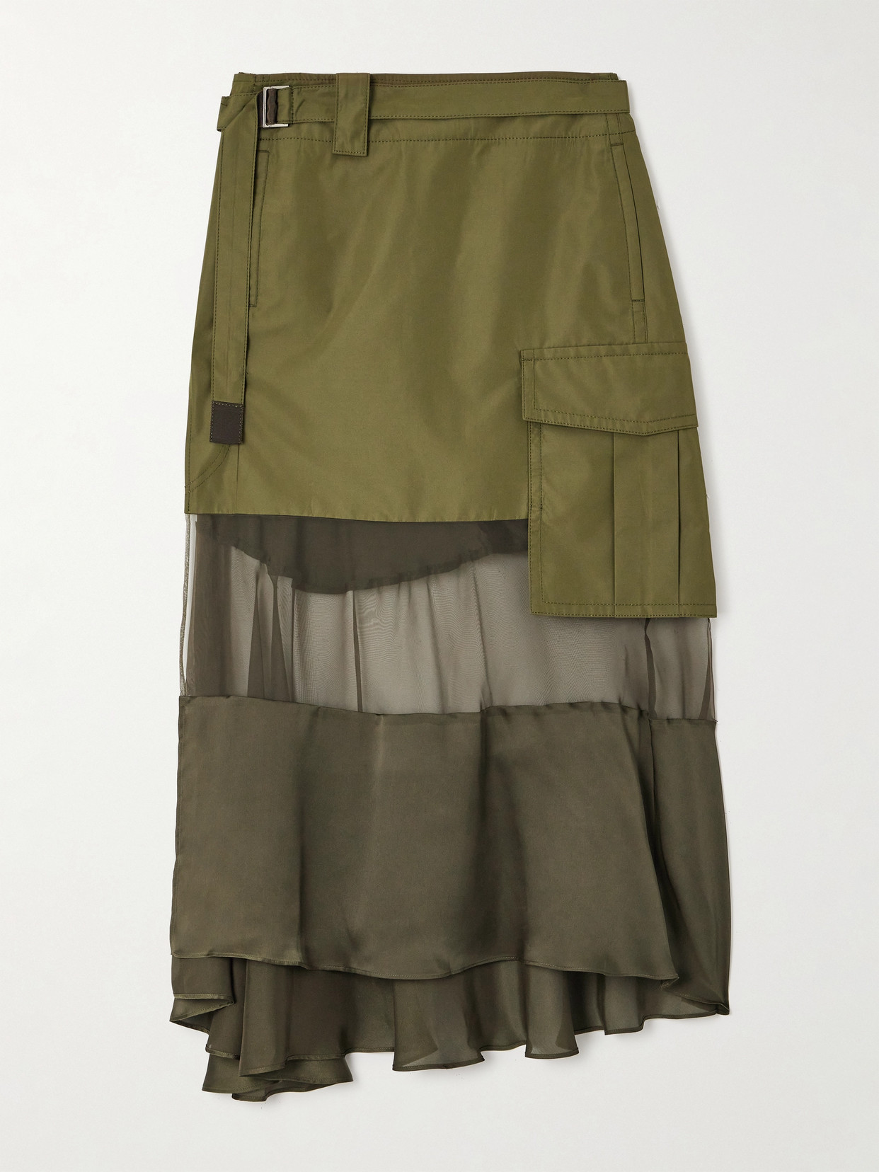 Sacai Belted Wrap-effect Paneled Satin And Chiffon-trimmed Shell Midi Skirt In Green