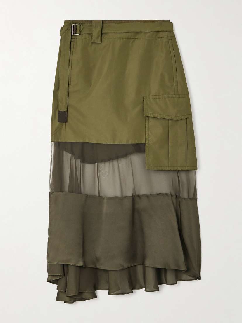 Sacai Belted Wrap-effect Paneled Satin And Chiffon-trimmed Shell Midi Skirt