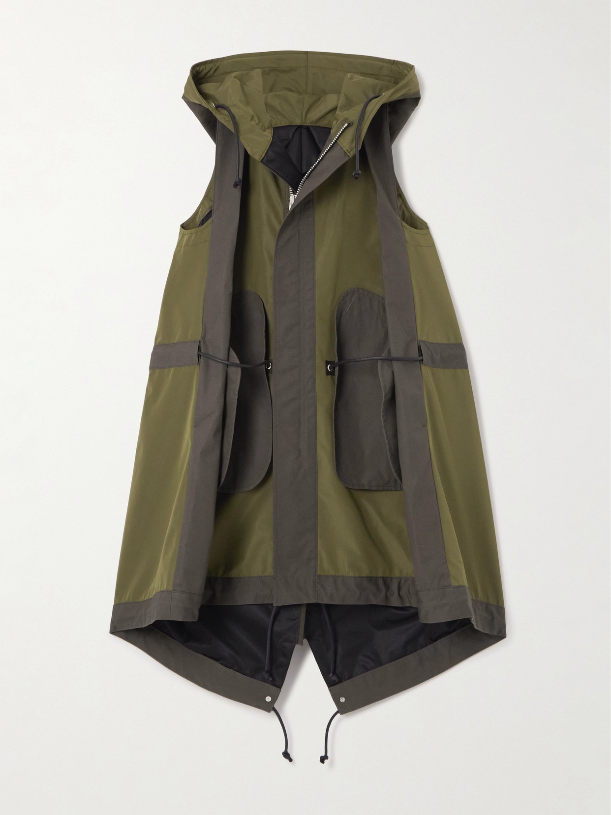 Shop Sacai Sleeveless Two-tone Taffeta Hooded Jacket In Green