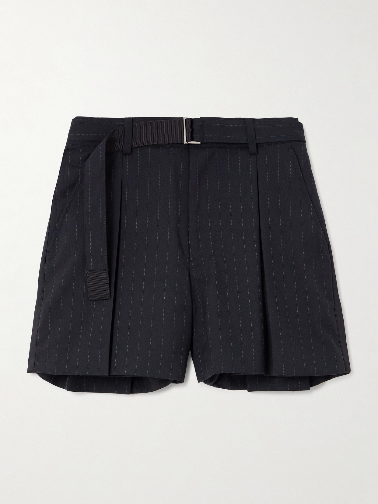 Sacai Pleated Pinstriped Woven Shorts In Blue