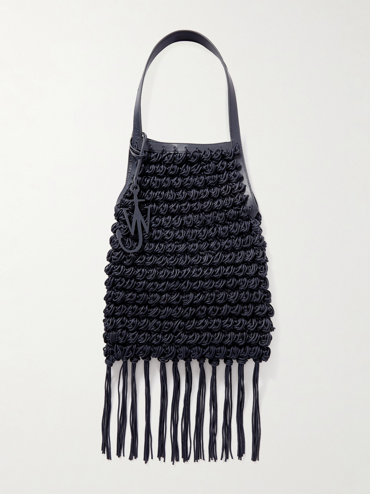 Shop Jw Anderson Popcorn Shopper Leather-trimmed Fringed Crocheted Waxed-cotton Tote In Blue