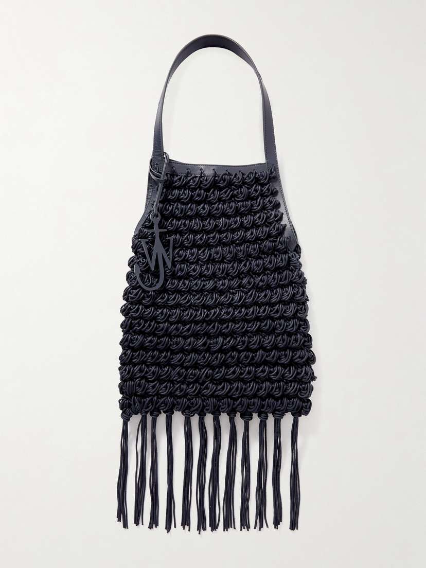 JW Anderson Popcorn Shopper Leather-trimmed Fringed Crocheted Waxed-cotton Tote