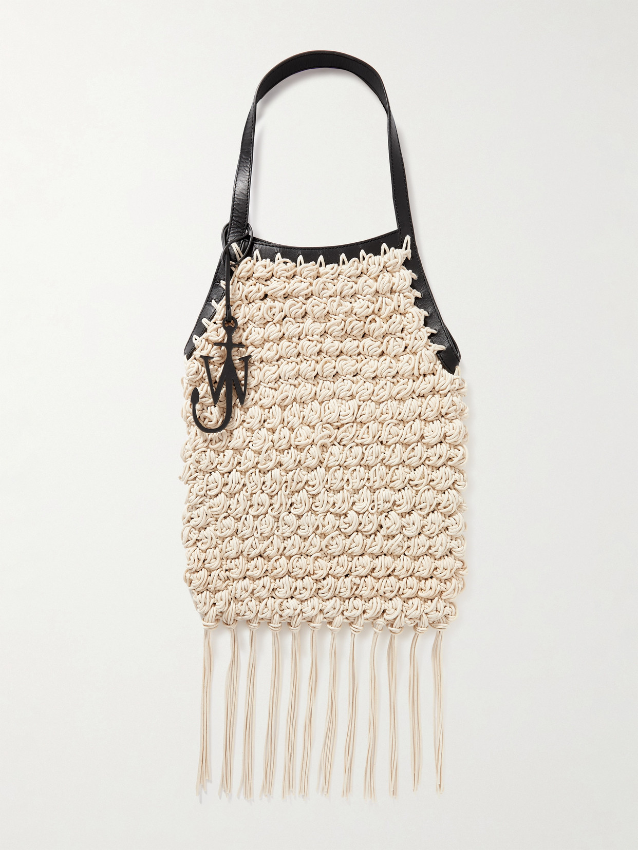 Jw Anderson Popcorn Shopper Leather-trimmed Fringed Crocheted Waxed-cotton Tote In Neutrals