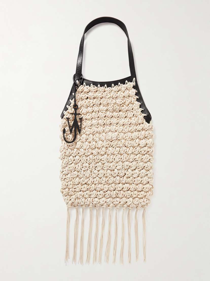 JW Anderson Popcorn Shopper Leather-trimmed Fringed Crocheted Waxed-cotton Tote