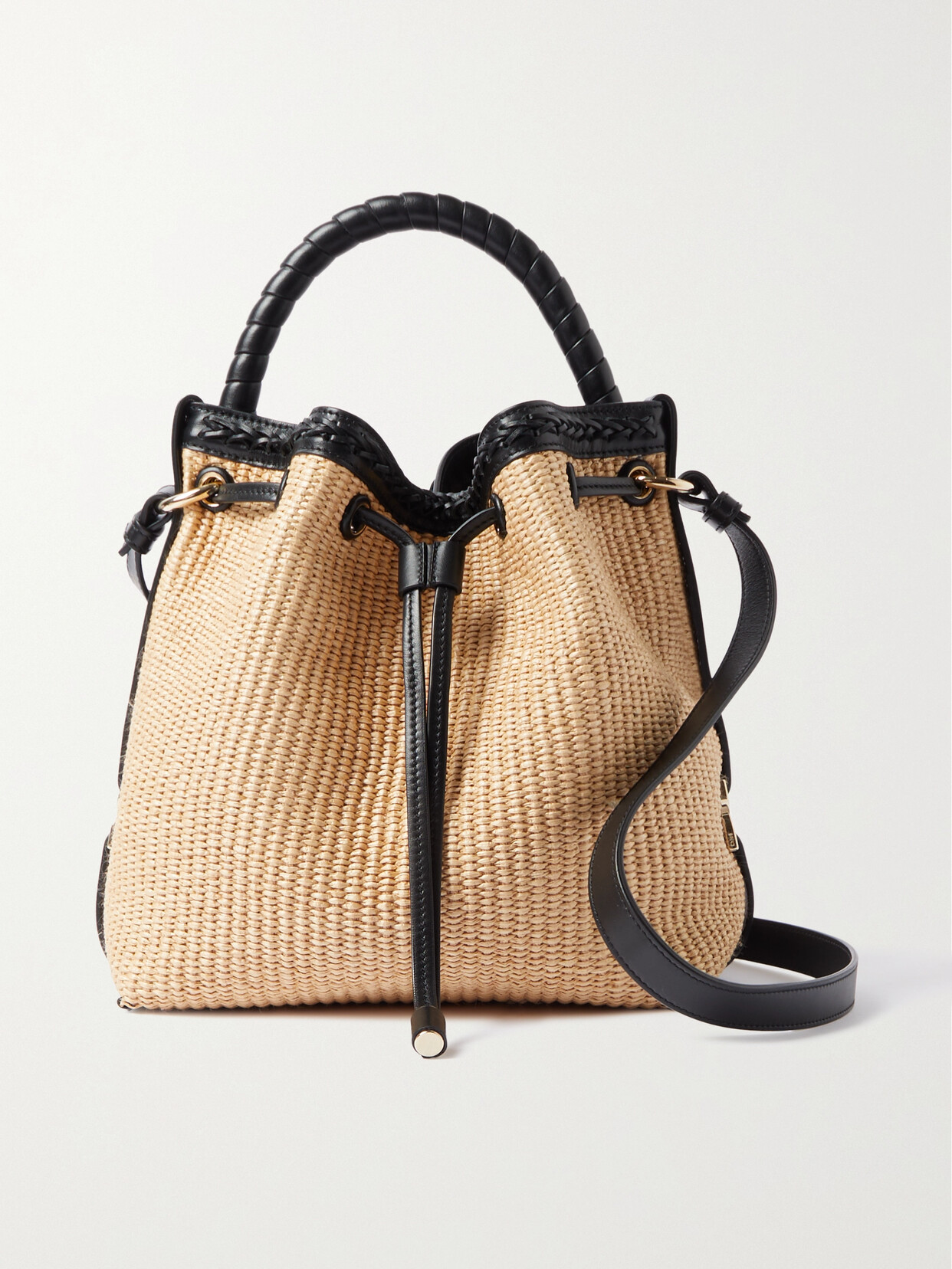 Chloé Marcie Leather-trimmed Raffia Bucket Bag In Neutrals