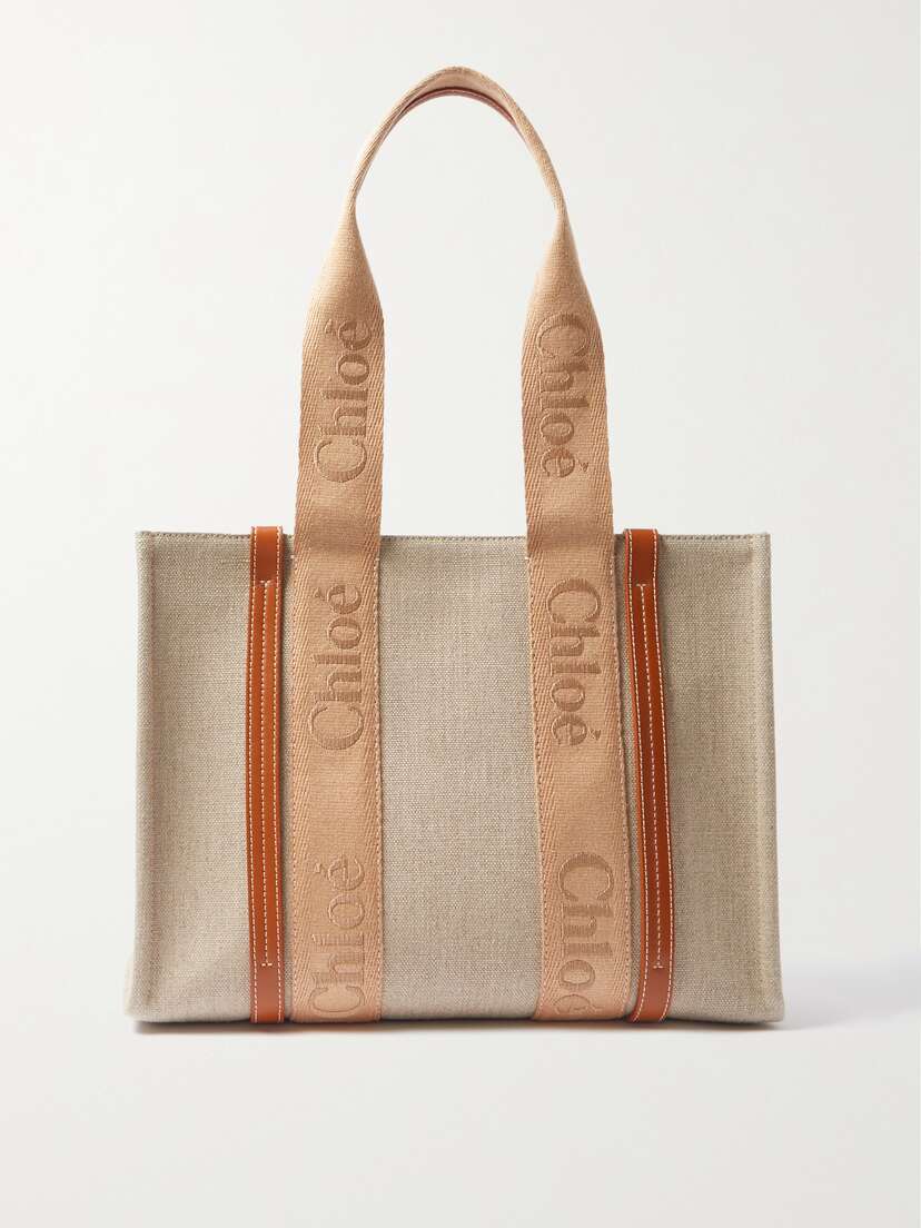 Chloé Woody Medium Leather And Webbing-trimmed Linen Tote