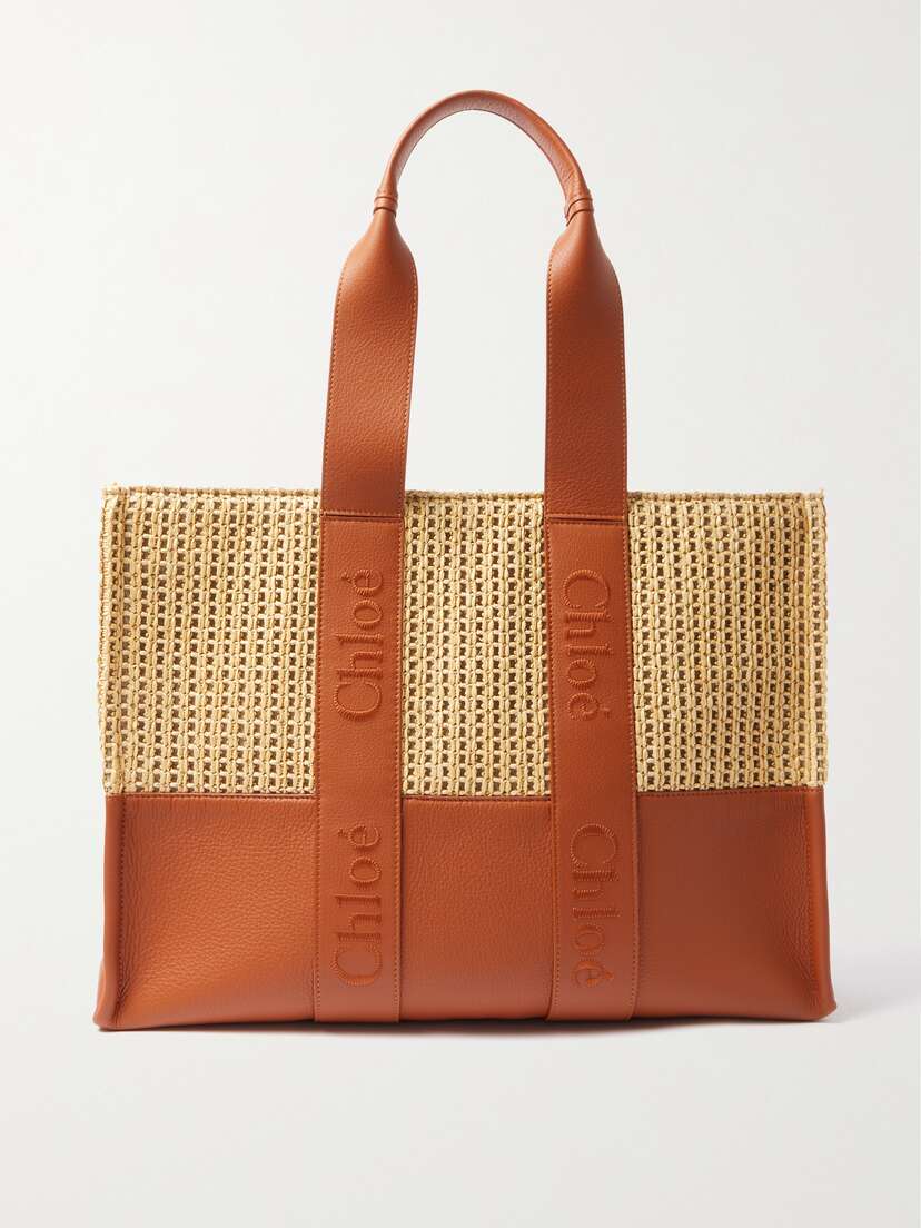 Chloé Woody Large Raffia And Embroidered Textured-leather Tote