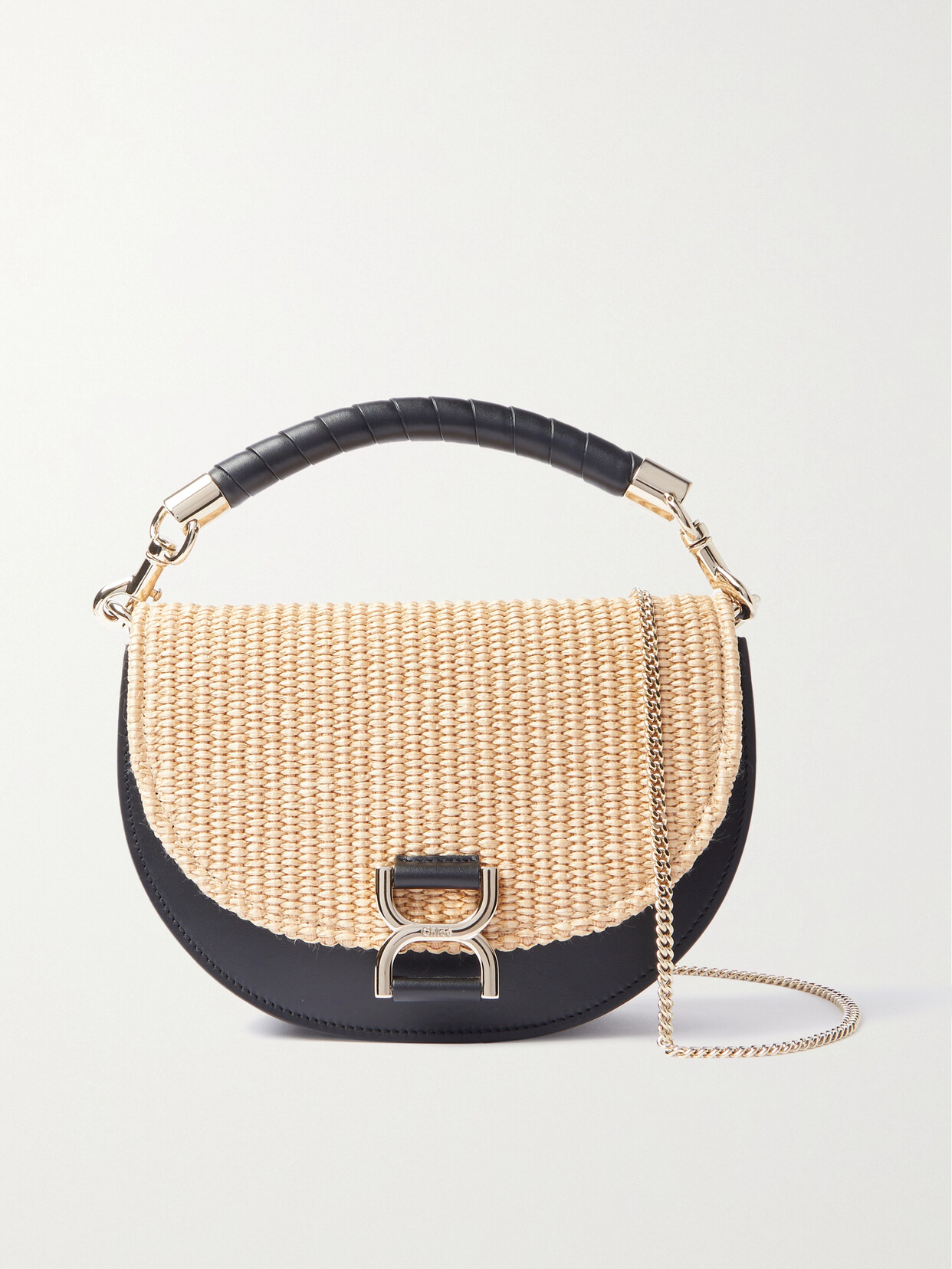 Shop Chloé Marcie Leather And Raffia Shoulder Bag In Neutrals