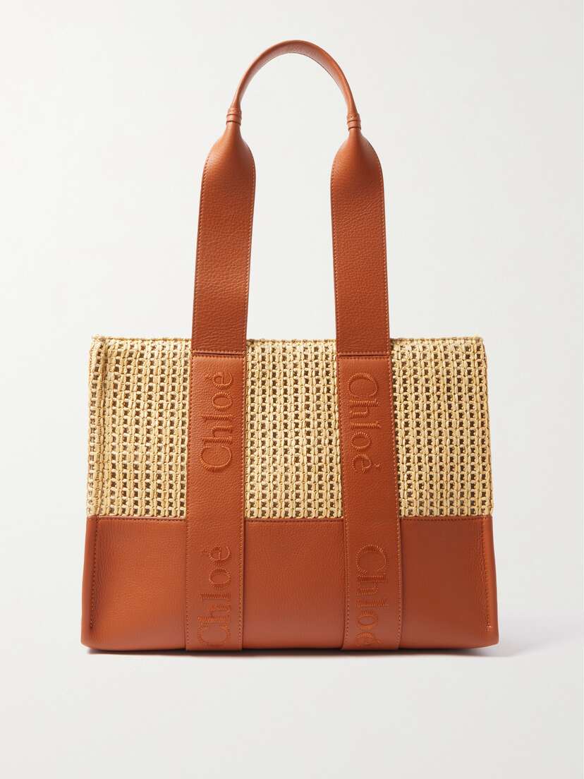 Chloé Woody Medium Raffia And Embroidered Textured-leather Tote