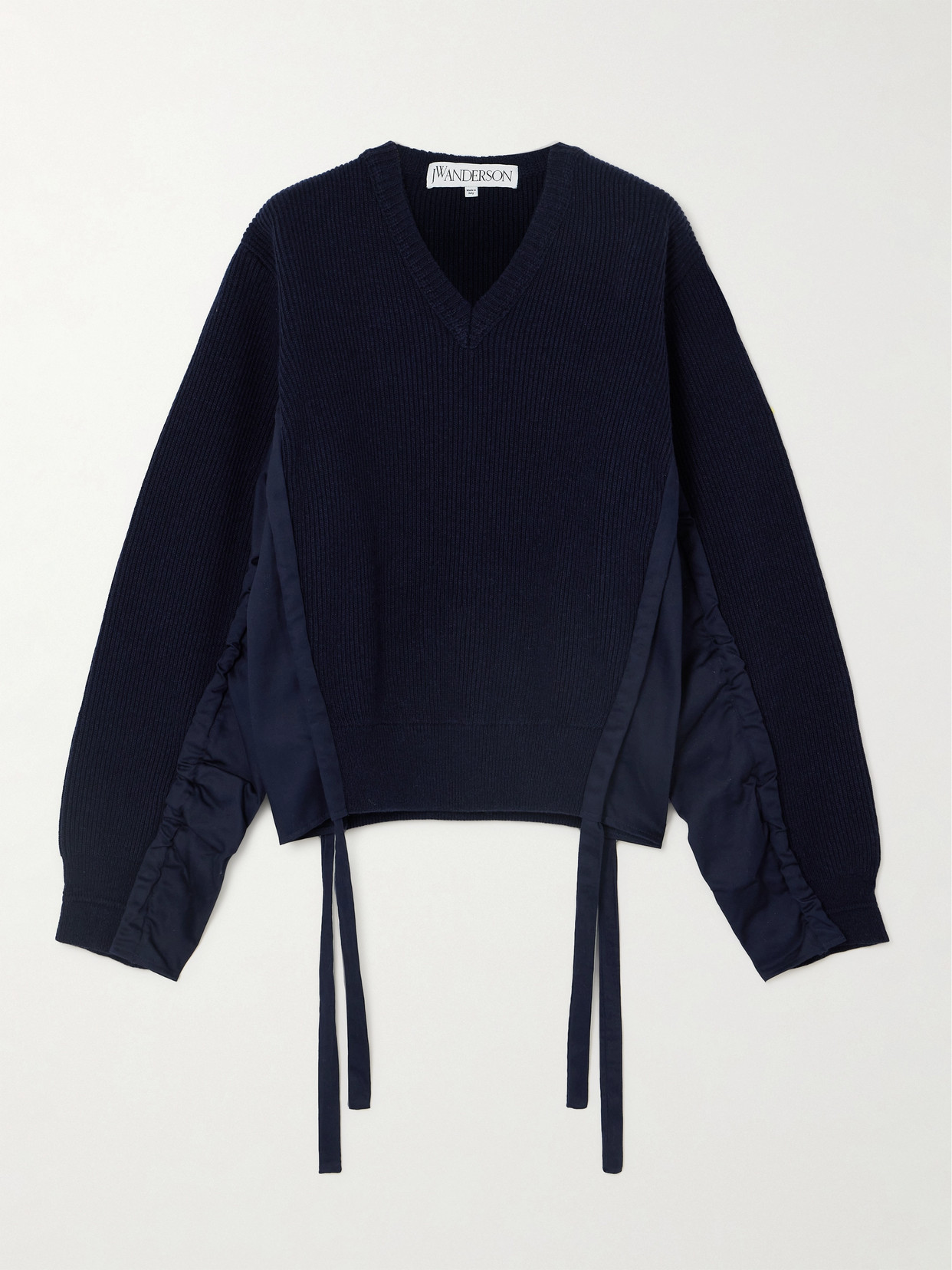 Shop Jw Anderson Tie-detailed Cotton Jersey-paneled Ribbed Wool-blend Sweater In Blue