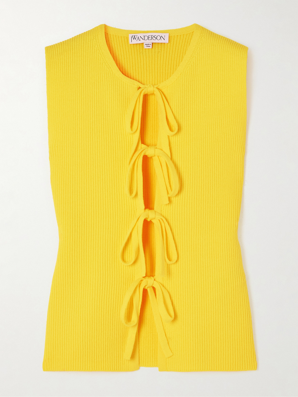 Shop Jw Anderson Tie-detailed Ribbed Cotton-blend Top In Yellow