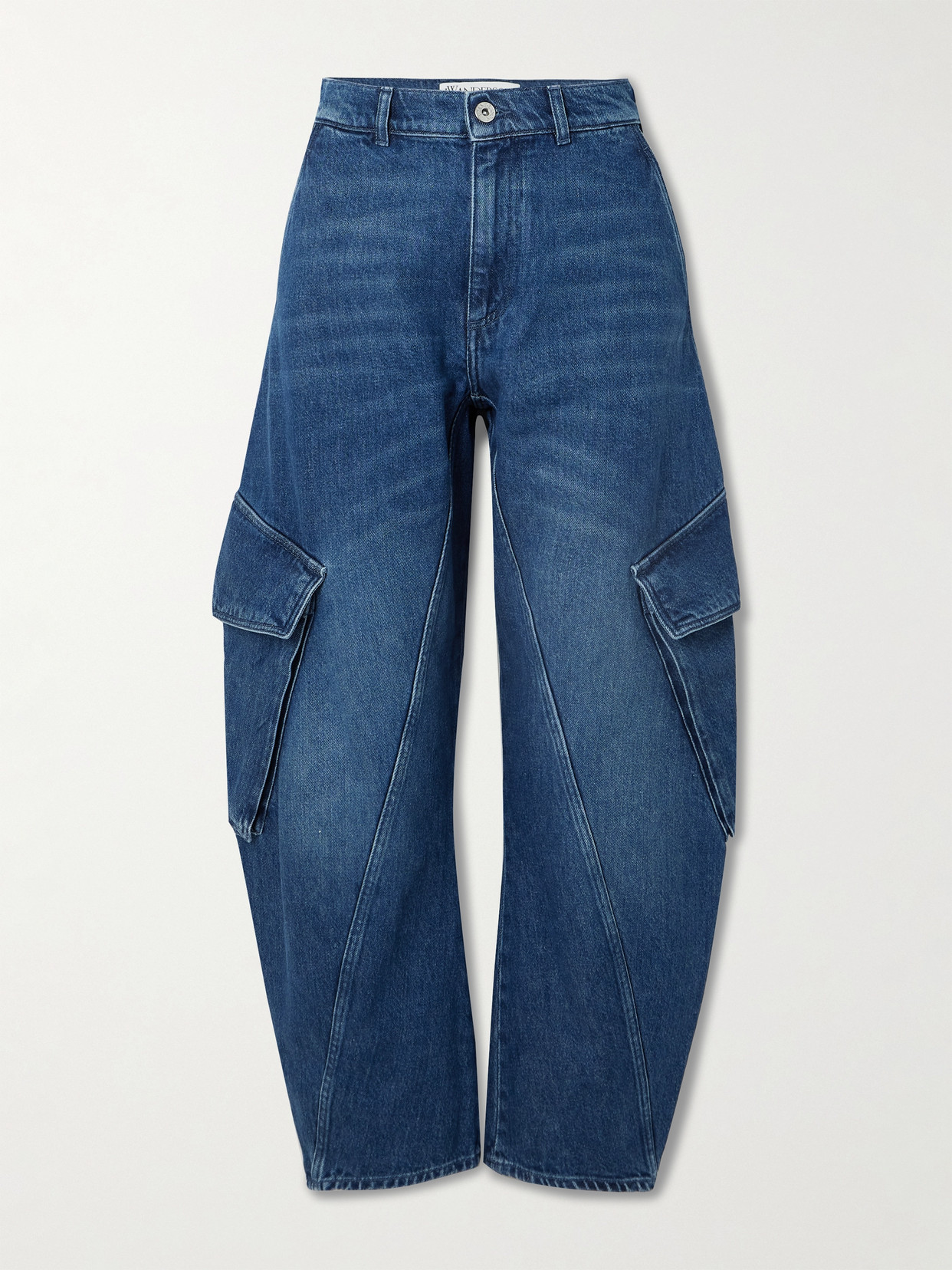 Jw Anderson Twisted Paneled Low-rise Barrel-leg Cargo Jeans In Blue