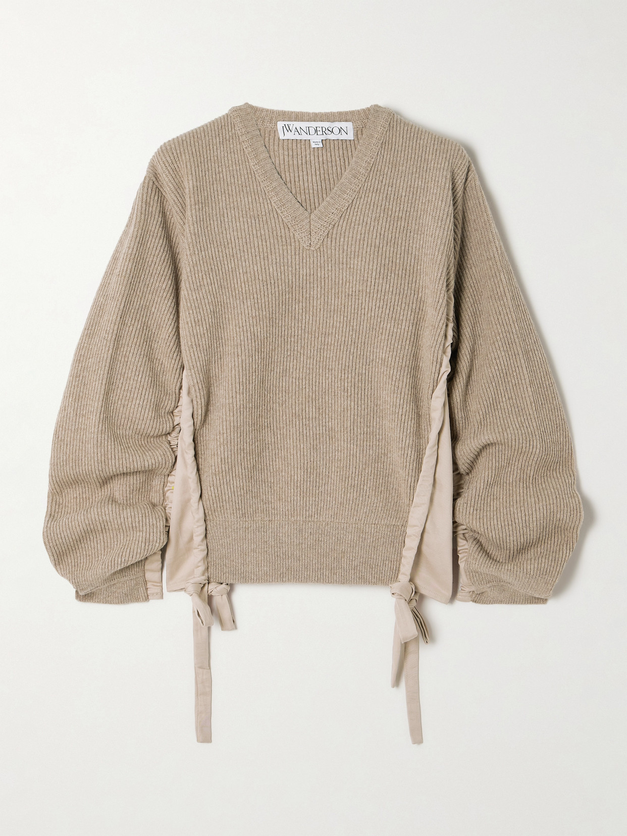 Shop Jw Anderson Tie-detailed Cotton Jersey-paneled Ribbed Wool-blend Sweater In Brown