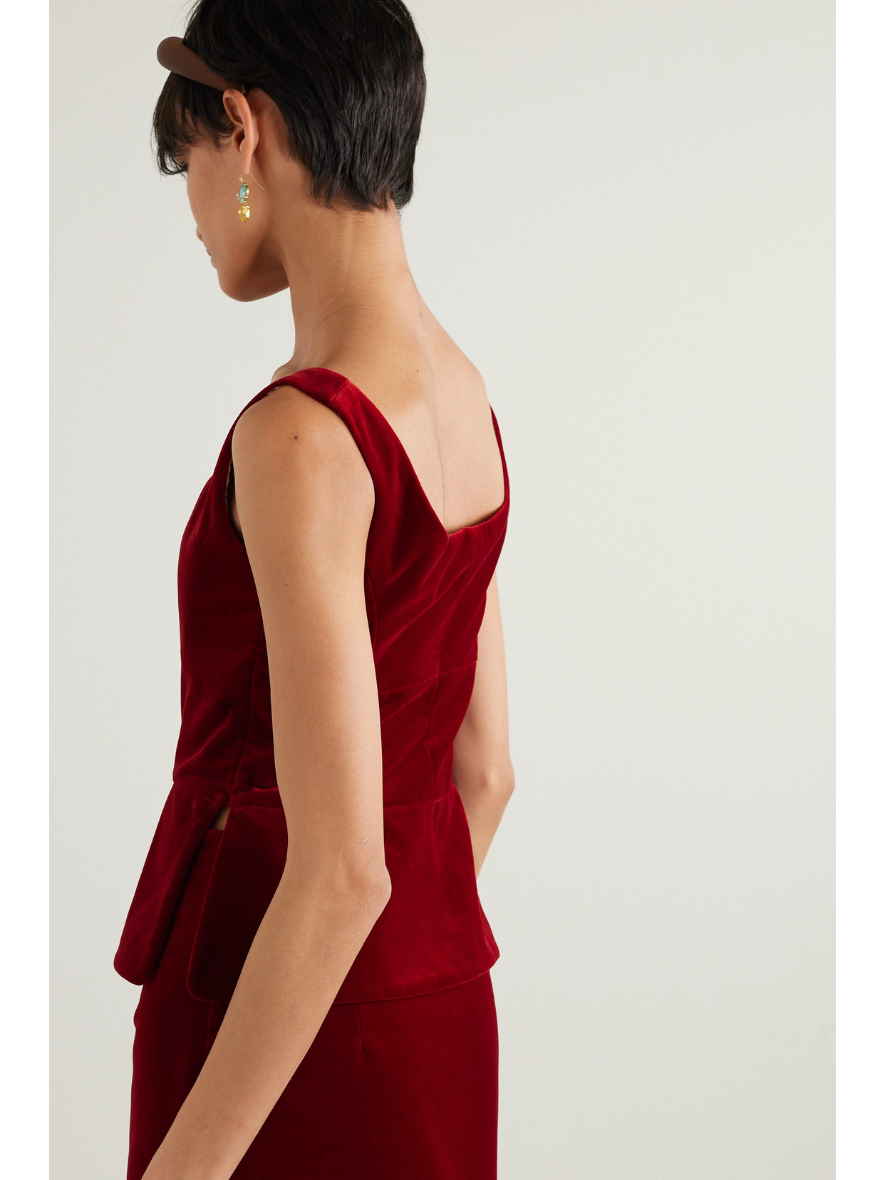 Liberowe + Net Sustain Cotton-velvet Peplum Top In Red