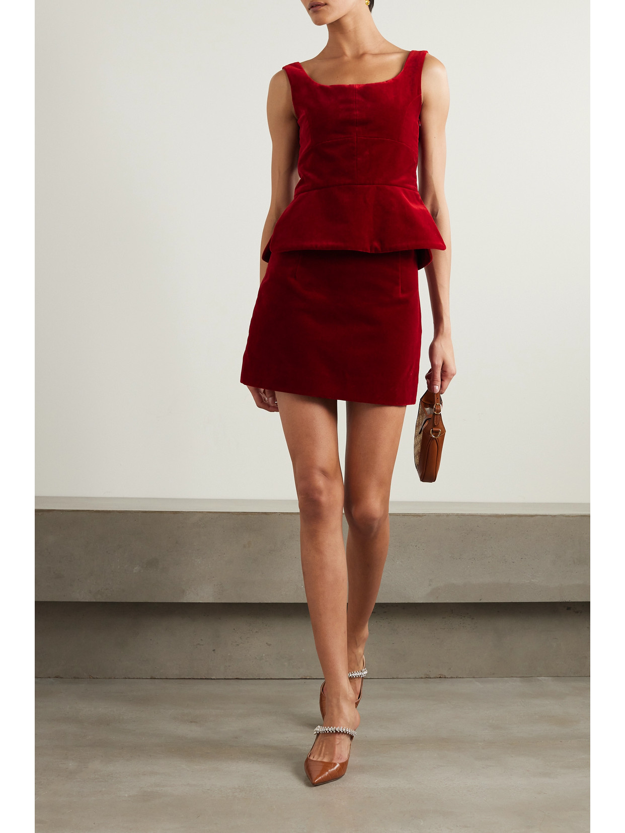 Liberowe + Net Sustain Cotton-velvet Peplum Top In Red