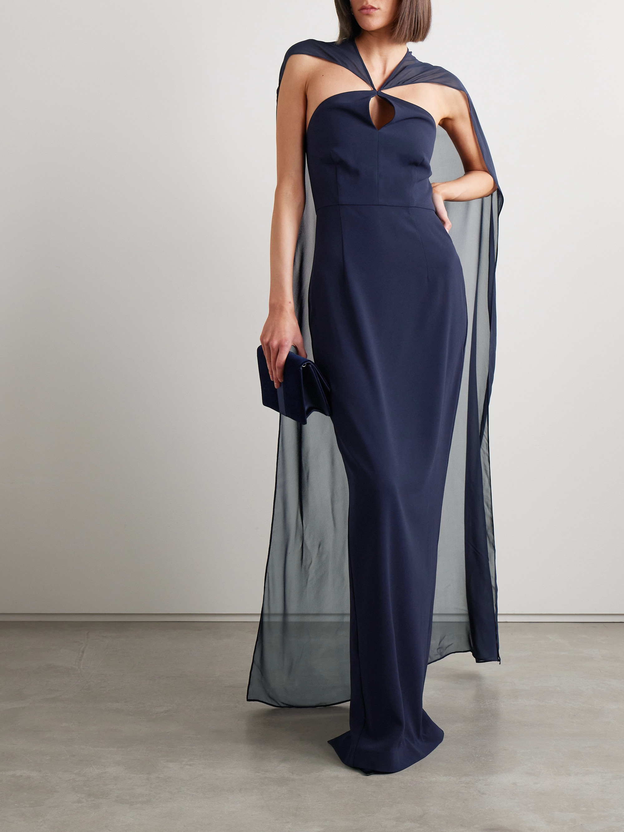 Roland Mouret Cape-effect silk chiffon-trimmed crepe gown