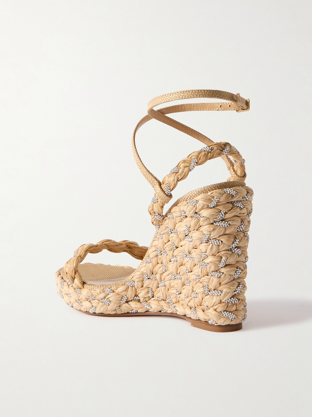 Shop Aquazzura Costiera 120 Crystal-embellished Cord-trimmed Raffia Platorm Wedge Sandals In Neutrals