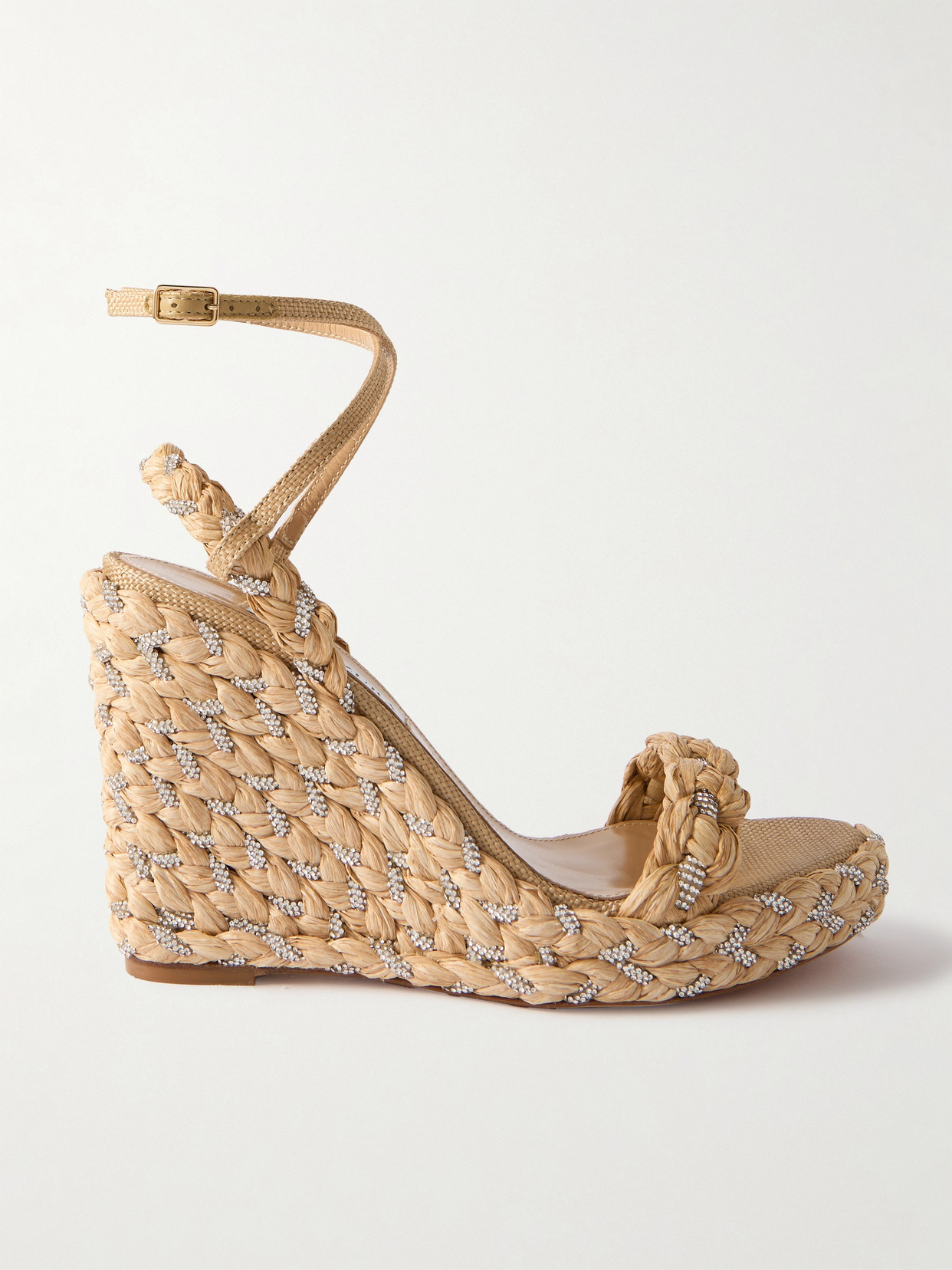 Shop Aquazzura Costiera 120 Crystal-embellished Cord-trimmed Raffia Platorm Wedge Sandals In Neutrals