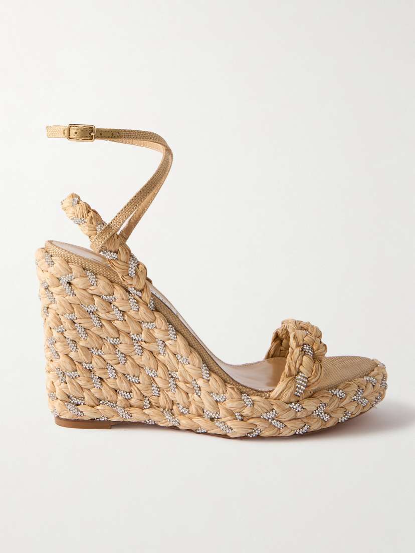Aquazzura Costiera 120 Crystal-embellished Cord-trimmed Raffia Platorm Wedge Sandals
