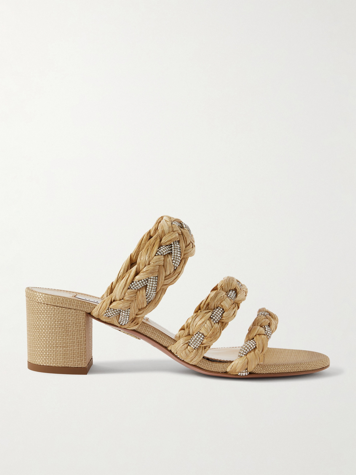 Aquazzura Costiera Crystal-embellished Cord-trimmed Raffia Sandals In Natural