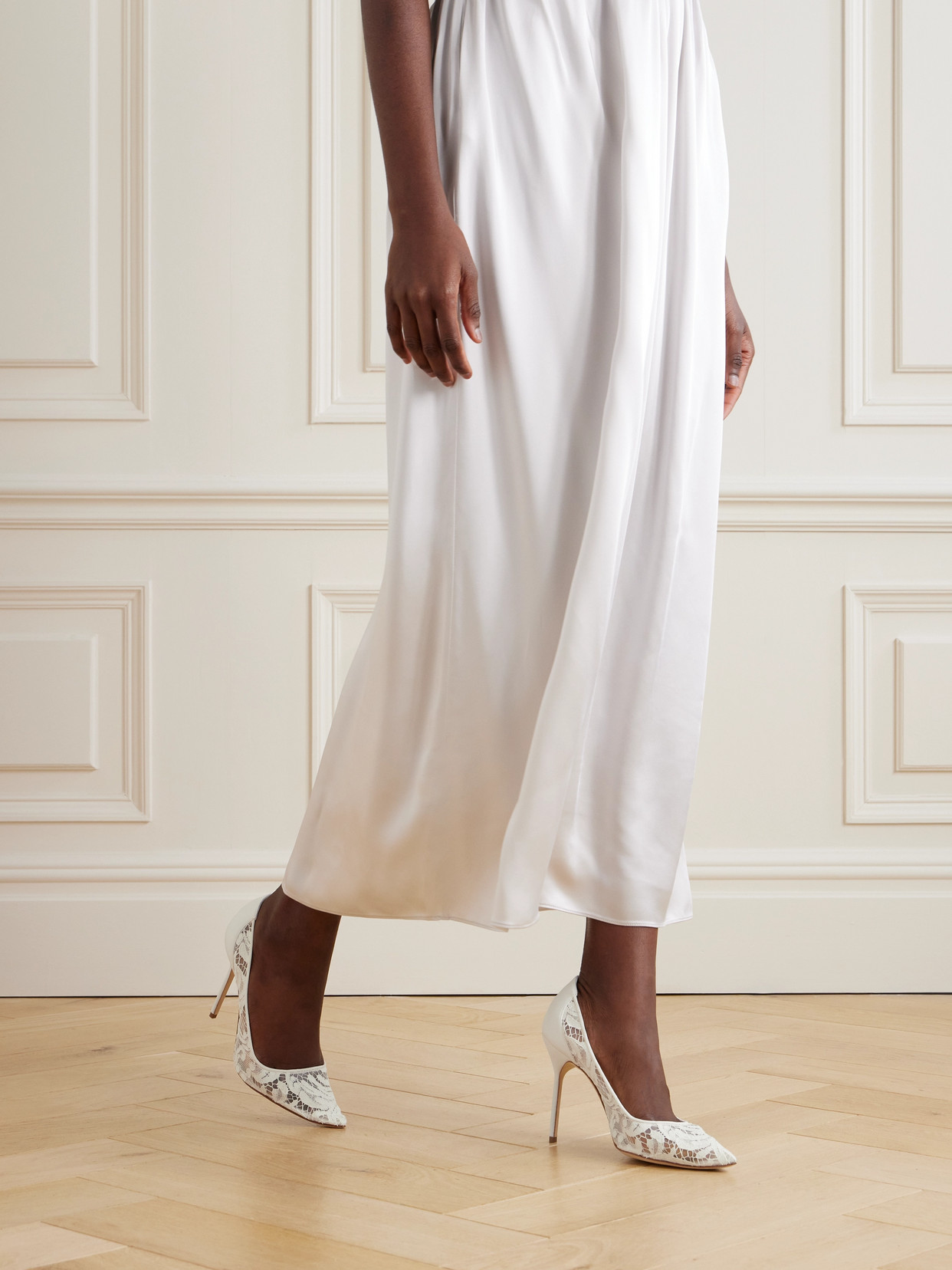 Manolo Blahnik Bbla 105 Silk Satin-trimmed Corded Lace Pumps In Ivory