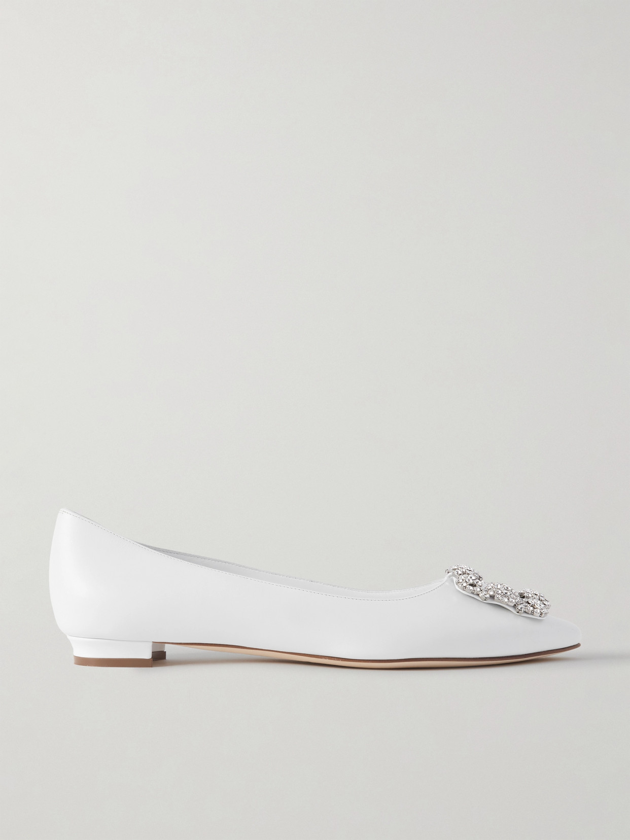 Manolo Blahnik Hangisi 10 Crystal-embellished Satin Point-toe Flats In White