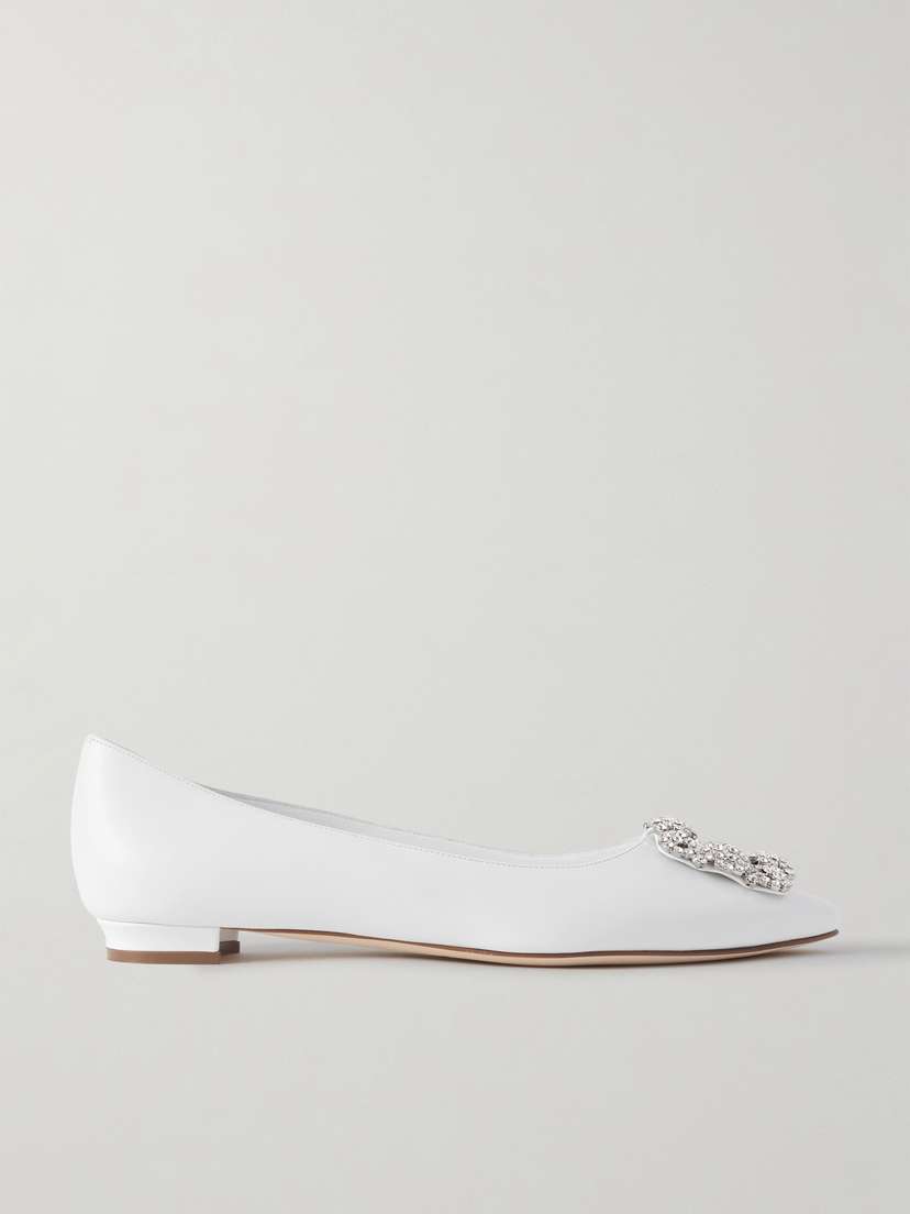 Manolo Blahnik Hangisi 10 Crystal-embellished Leather Point-toe Flats
