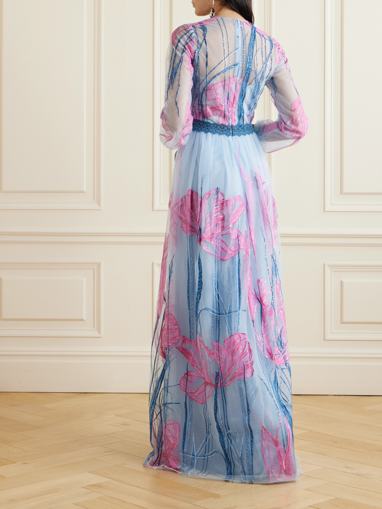 Shop Costarellos Jezebel Sequin-embellished Embroidered Tulle Maxi Dress In Blue