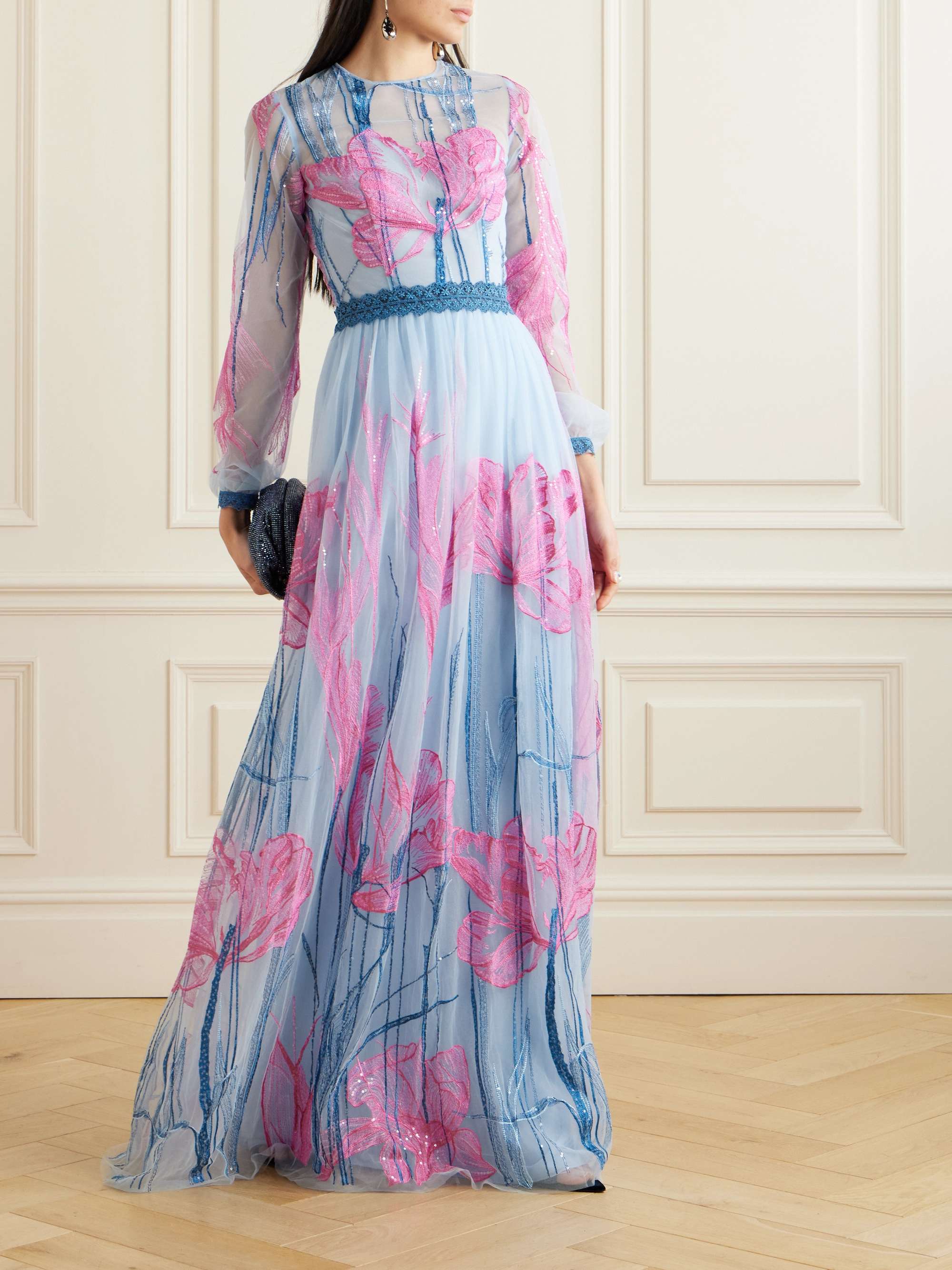 COSTARELLOS Jezebel lace-trimmed sequin-embellished tulle gown