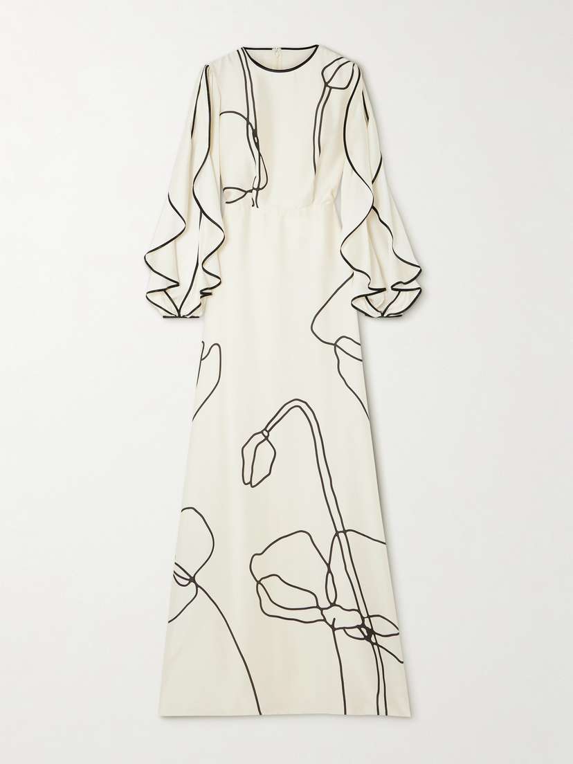 Costarellos Priela Ruffled Floral-print Satin Gown