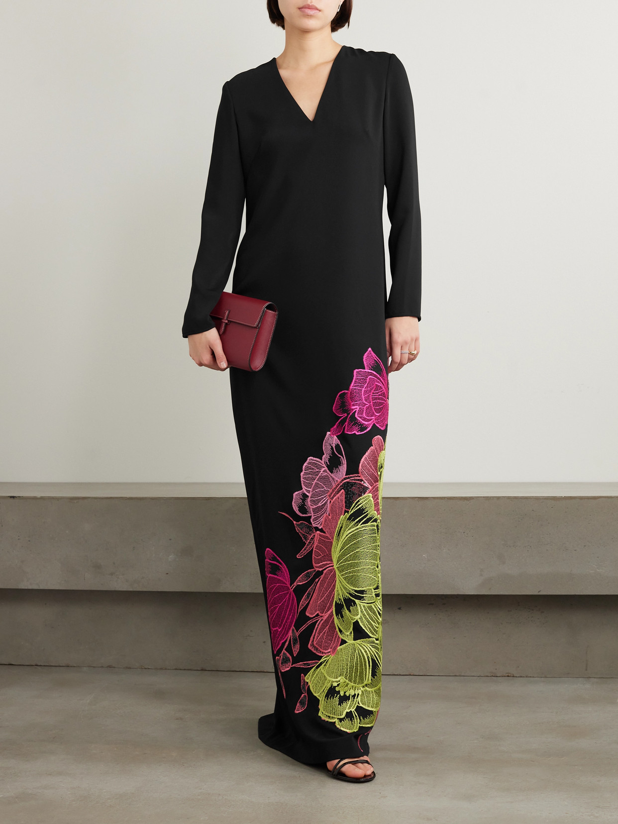 Costarellos Rania Embroidered Crepe Gown In Black