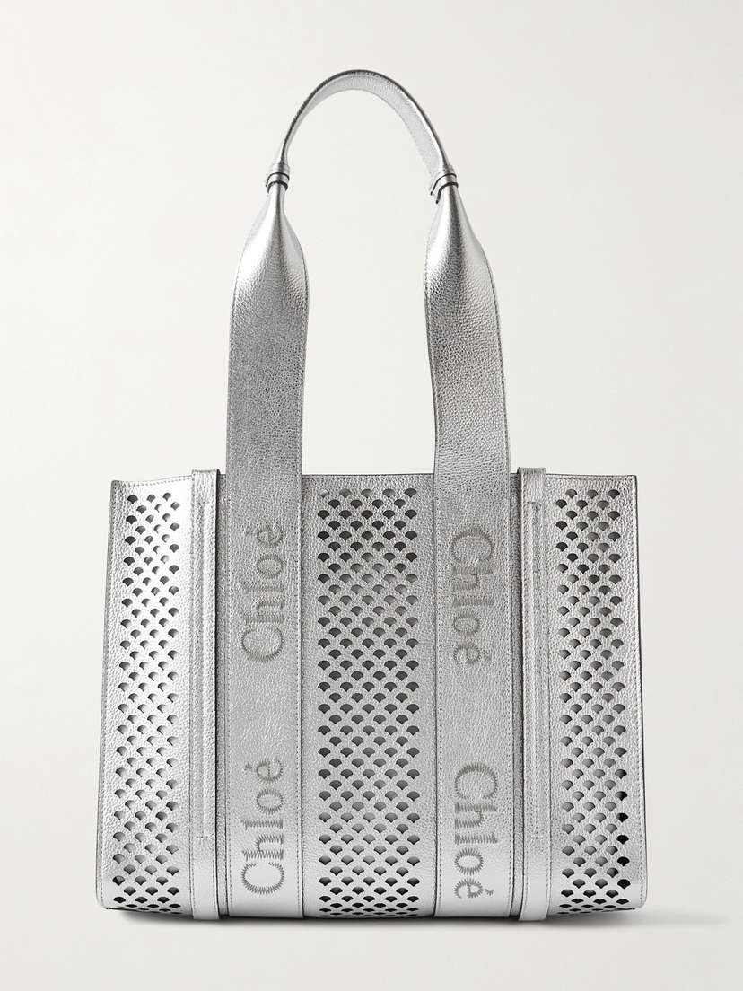 Chloé Woody Embroidered Laser-cut Metallic Leather Tote