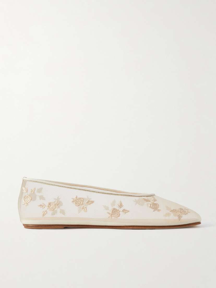 Magda Butrym Leather-trimmed Embroidered Mesh Ballet Flats