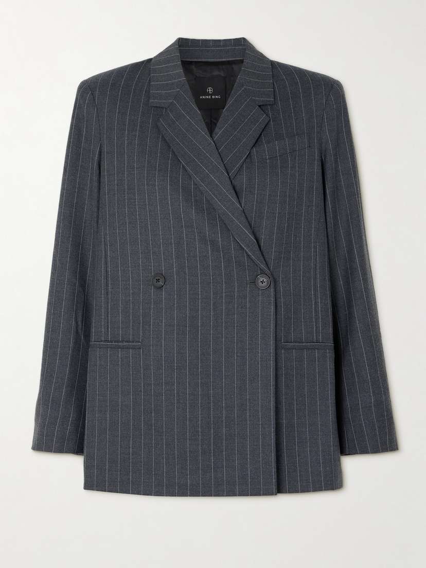 Anine Bing Kaia Oversized Double-breasted Pinstriped Flannel Blazer - x large
