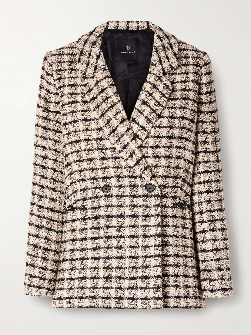 Anine Bing Diana Double-breasted Checked Tweed Blazer