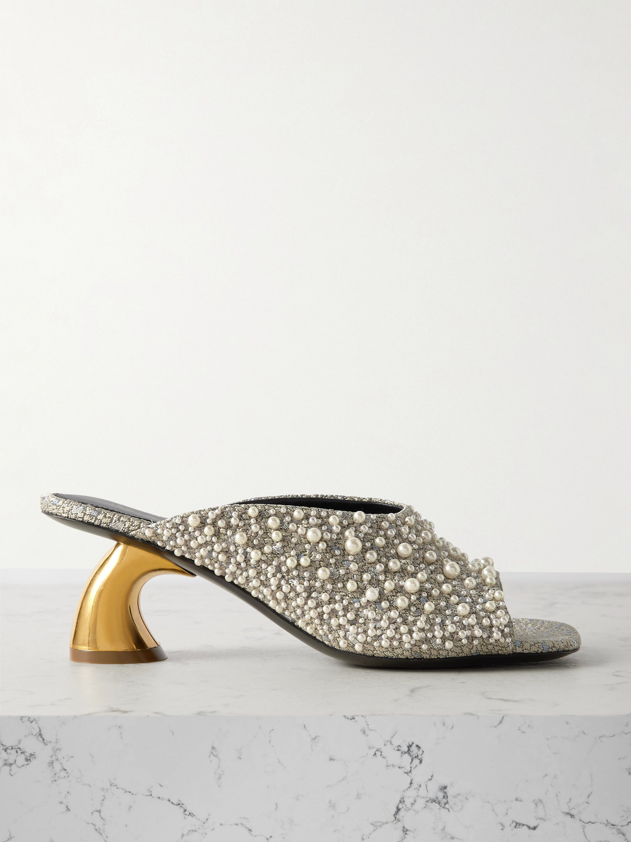 Dries Van Noten Faux Pearl-embellished Brocade Mules In Silver