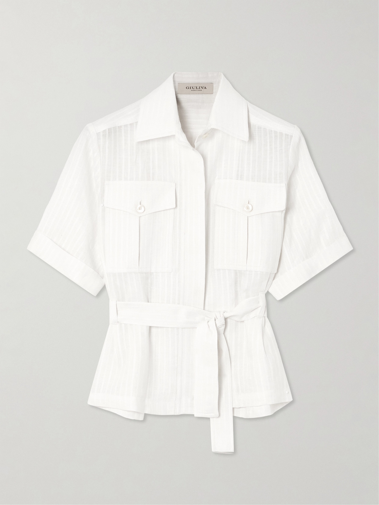 Giuliva Heritage Jane Belted Embroidered Striped Linen Shirt In White