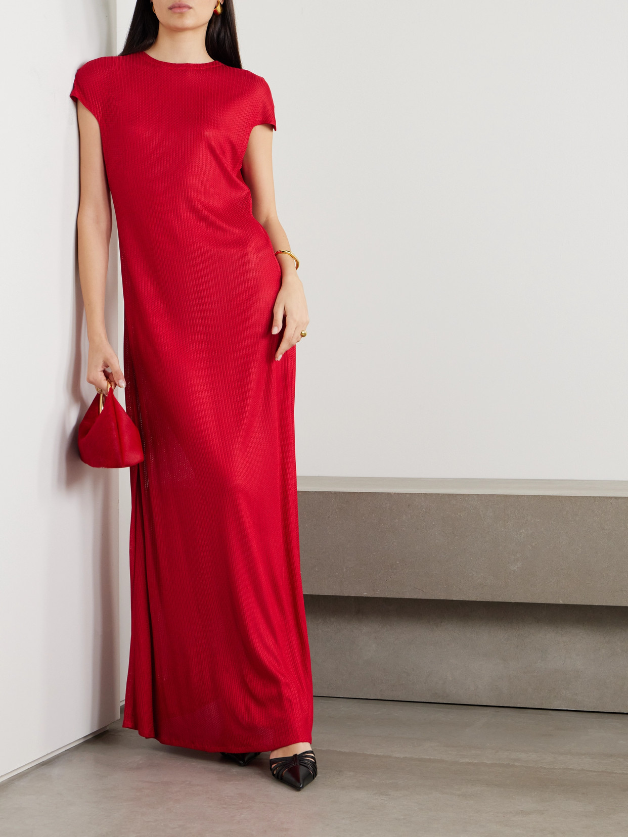 Shop Giuliva Heritage The Macy Pointelle-knit Maxi Dress In Red