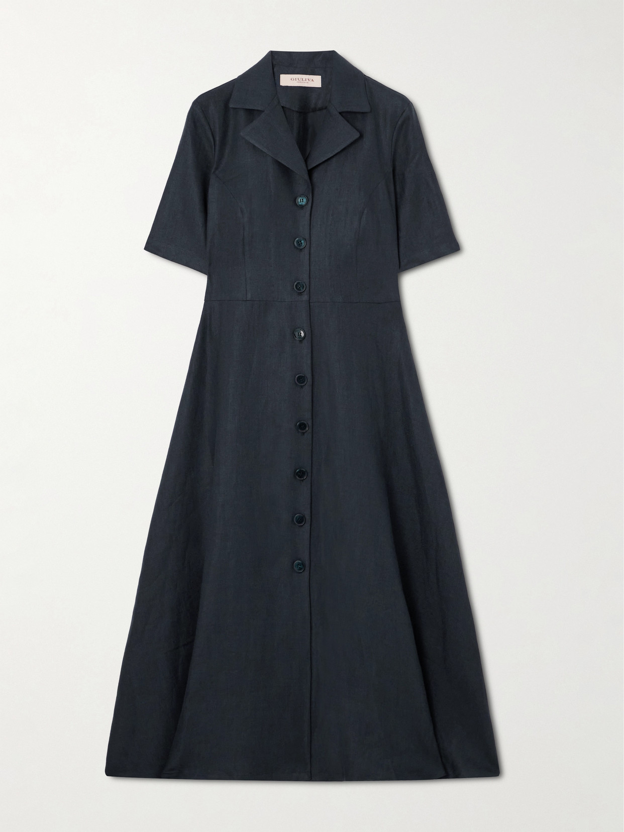 Giuliva Heritage Asymmetric Linen Midi Shirt Dress In Blue